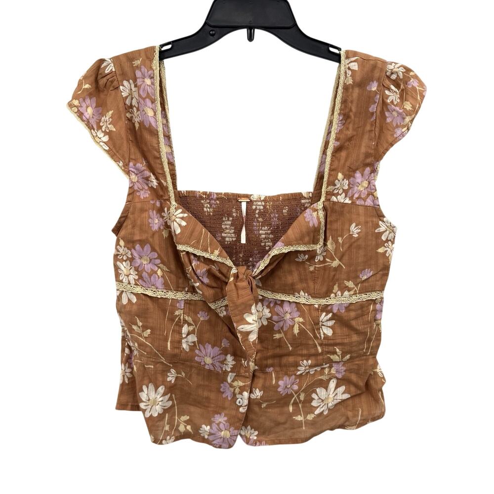 Free People Blouse Brown Square Neck Tie Front Floral Boho Crop Top Size Medium